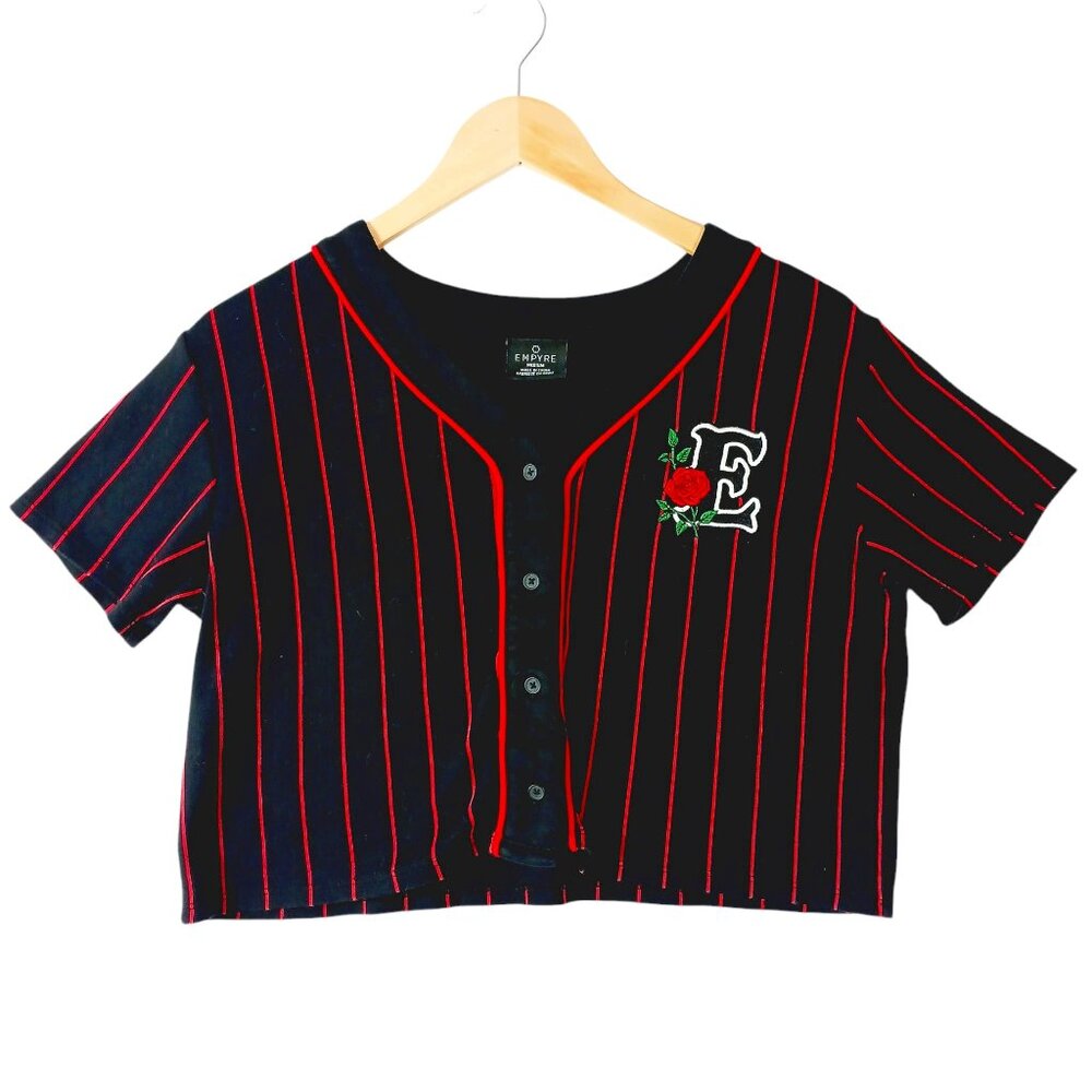 Empyre, Crop Top Baseball Style, Black & Red, Embroidered "E" Short Sleeves, Med
